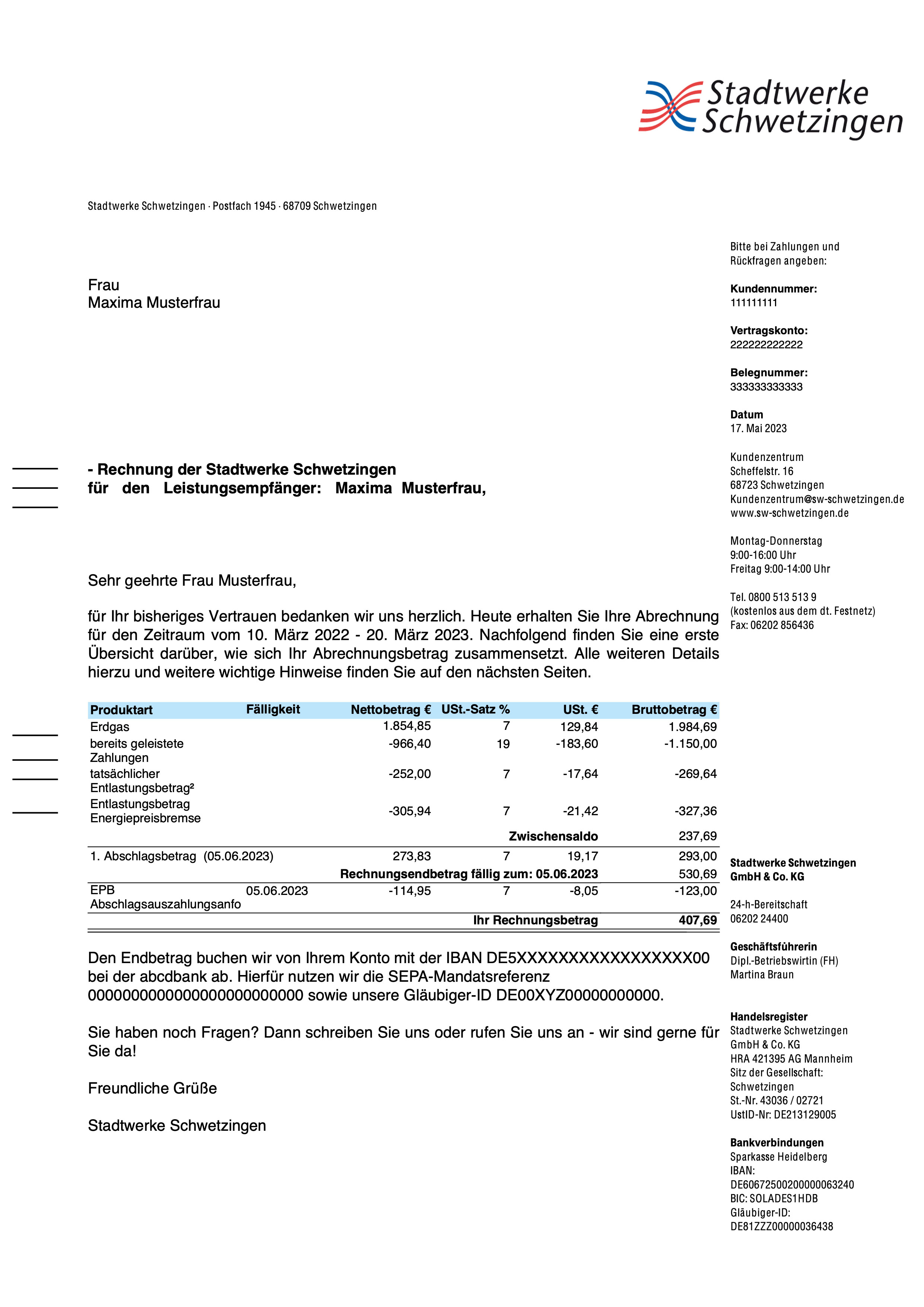 Musterrechnung Gas – Seite 1