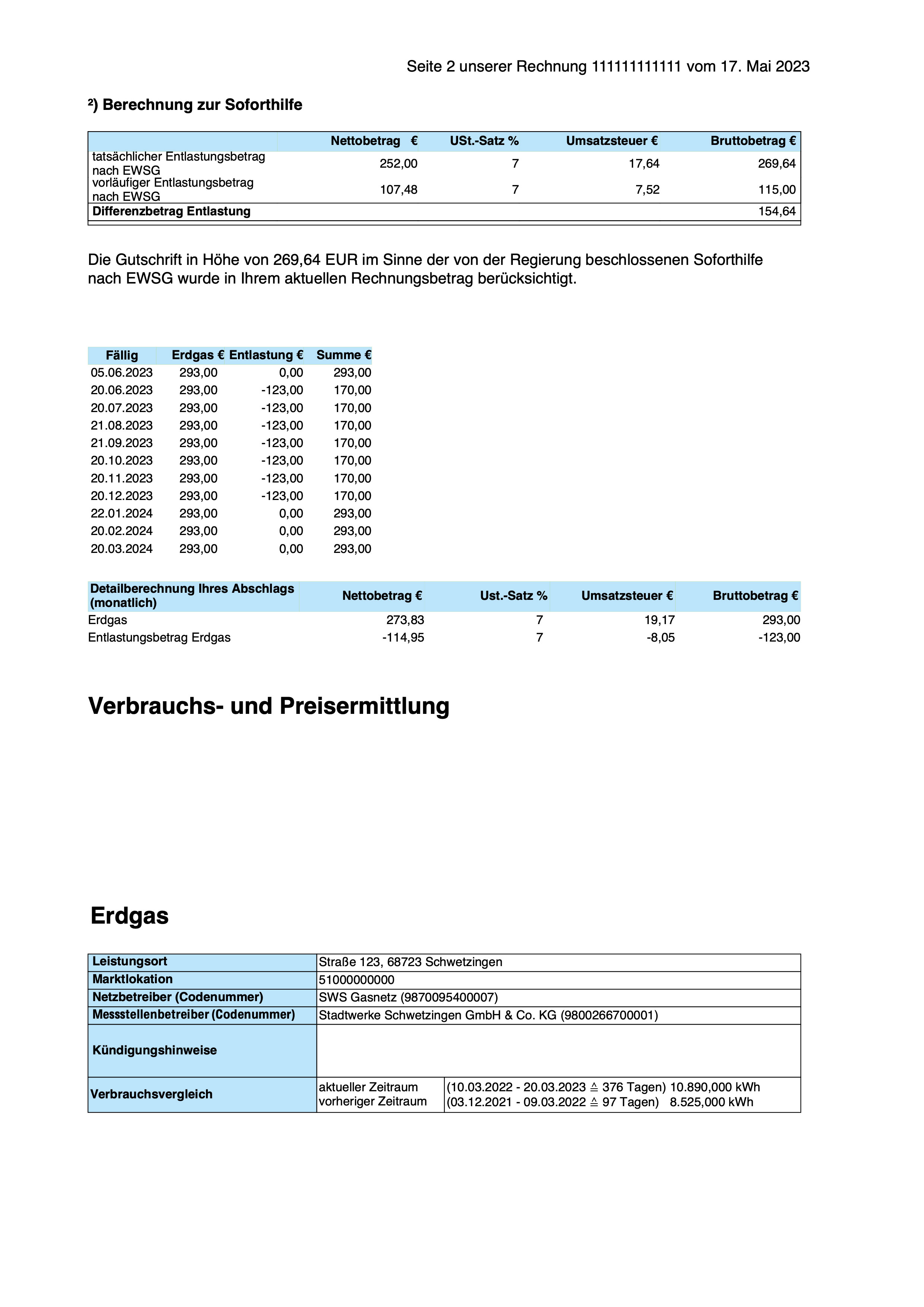 Musterrechnung Gas – Seite 2