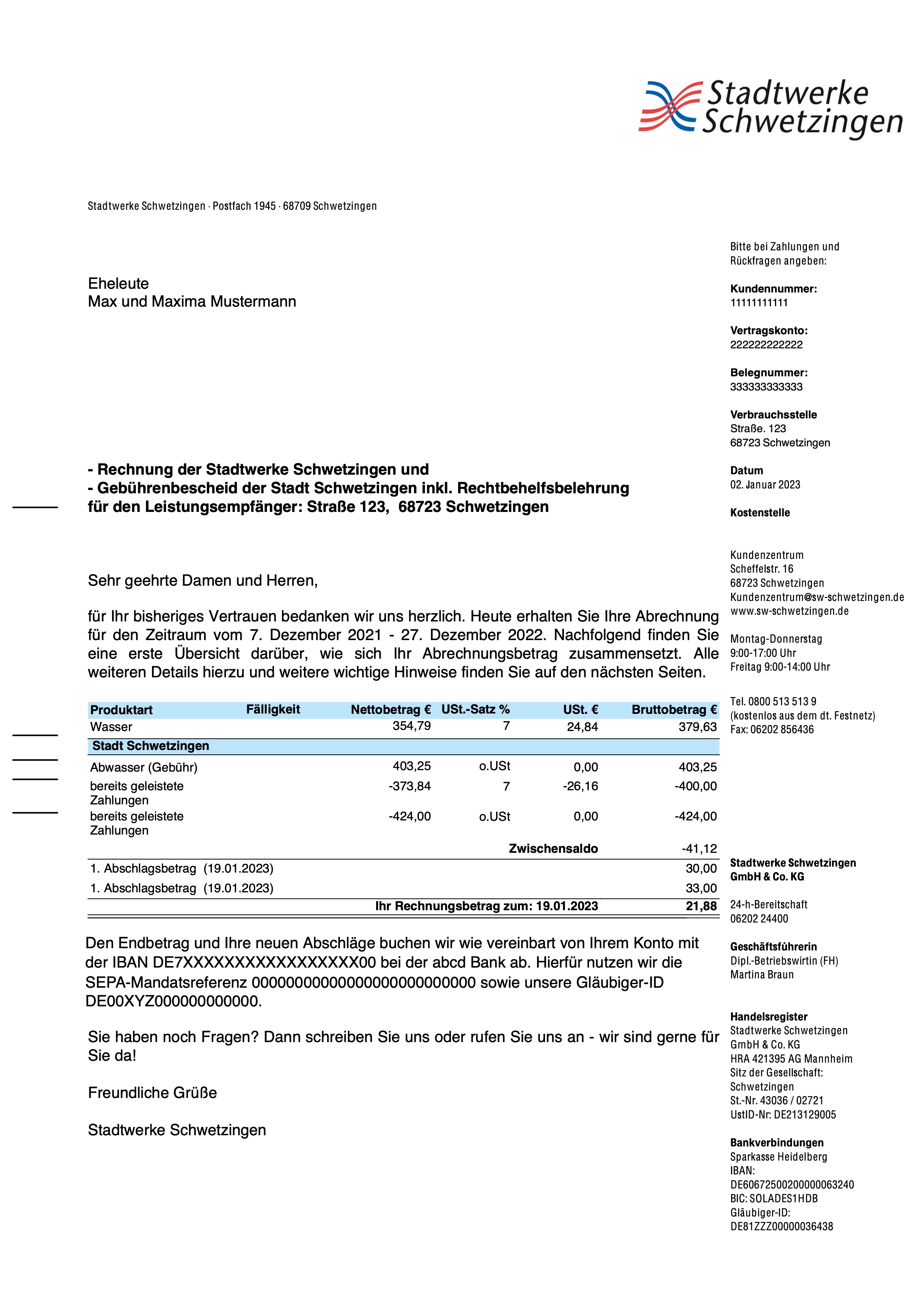 Musterrechnung Wasser – Seite 1