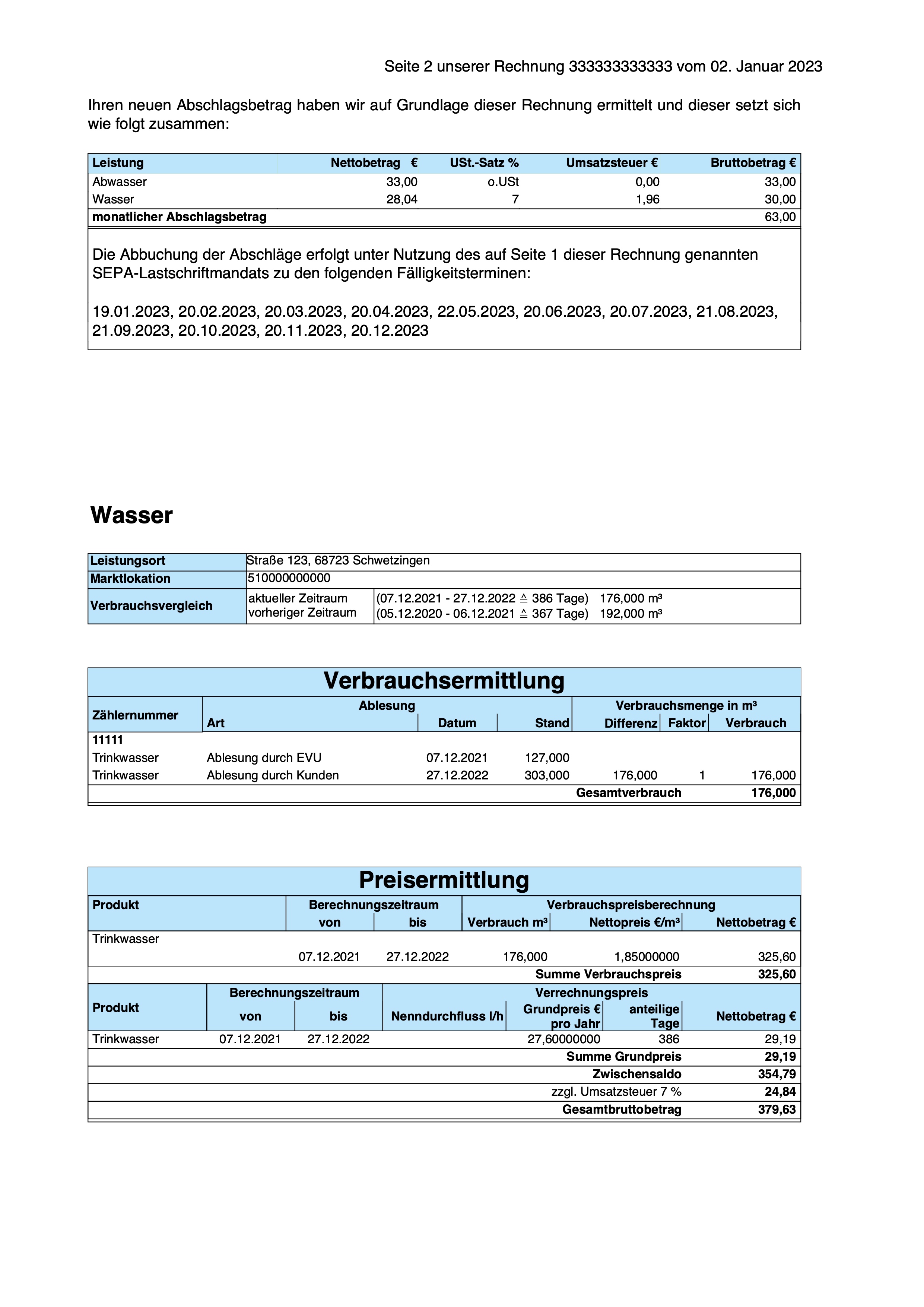 Musterrechnung Wasser – Seite 2